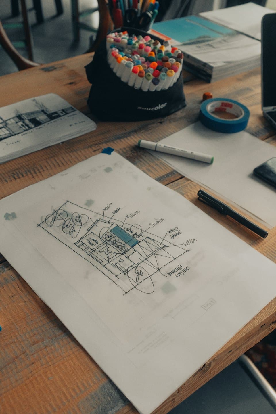 Arkitektonisk tegning og kunstutstyr på et trebord.